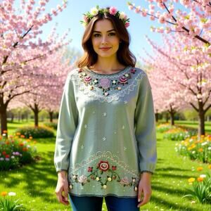 VTG Cottagecore Floral Beaded Sweater Shenanigans Knitwear Embroidered Women M